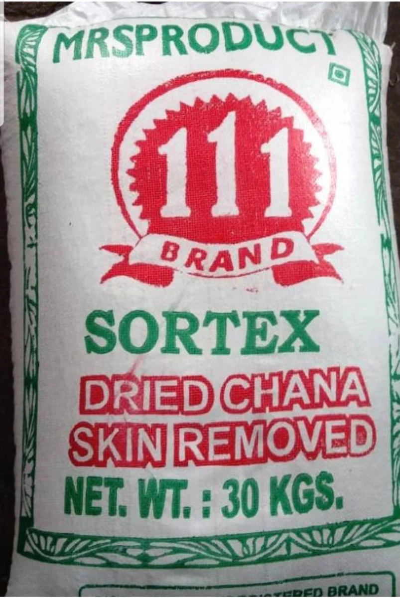 A 30 kg woven sack of 111 Brand dried chana with the skin removed