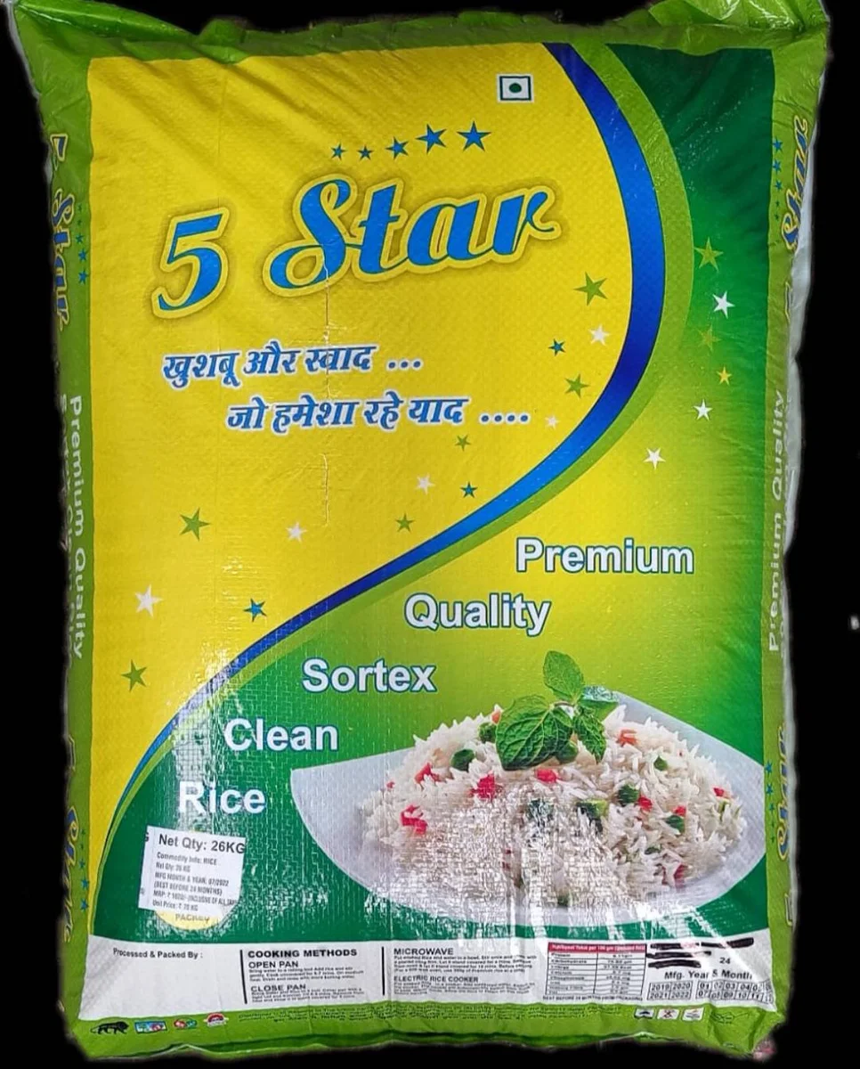 A 26 kg woven sack of 5 Star sortex clean rice